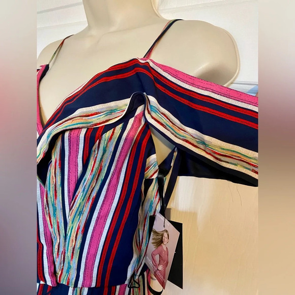 By & By Multicolored Stripped Wide Leg Off Shoulder Jumpsuit NWT Size 5 - Picture 2 of 5